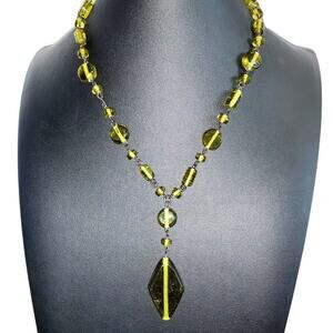 Vintage Glass Beaded Necklace Avocado Green 16"